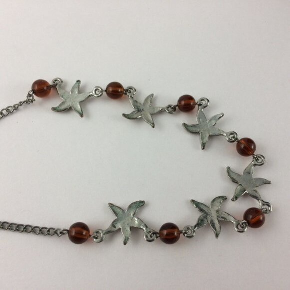 Starfish Bracelet and Necklace Set Silvertone Metal Faux Amber Beads TARNISH - Picture 5 of 14